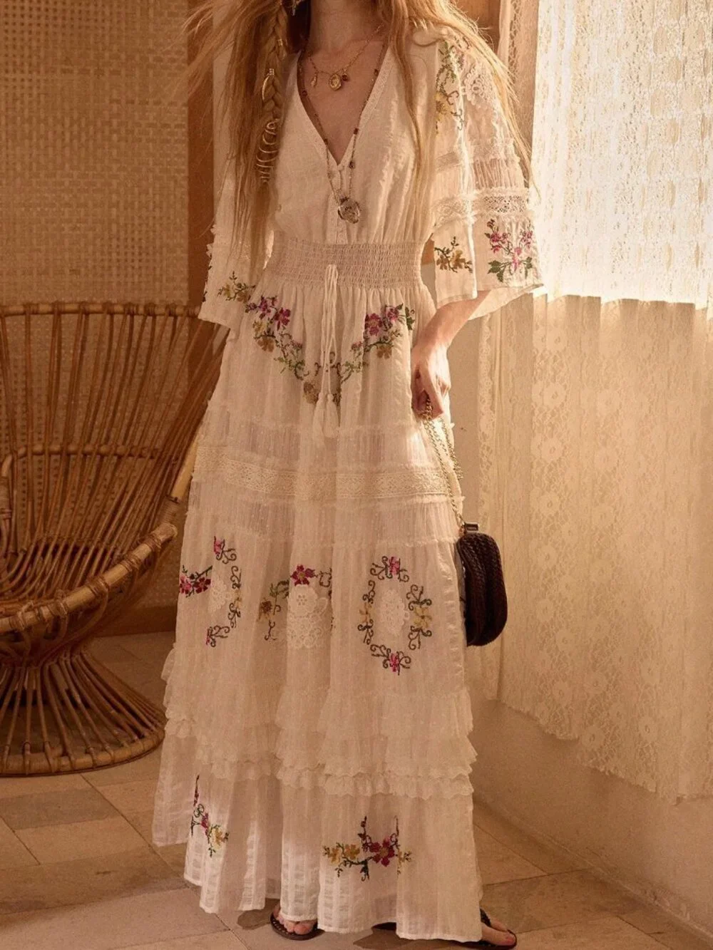 Beige Boho Women's Embroidered Patchwork Long Vacation Dress